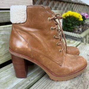 Michael Kors Leather Kim Ankle Booties Heeled Faux Fur Top Lace Up Zip Caramel